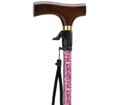 MultiMotion wandelstok met drukknop bediening - Rood paisley (ingezoomd op handvat met drukknop bediening)