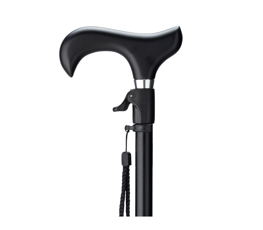 MultiMotion wandelstok met drukknop bediening - Zwart (ingezoomd op de drukknop) MultiMotion wandelstok met drukknop bediening - Zwart (ingezoomd op de drukknop)