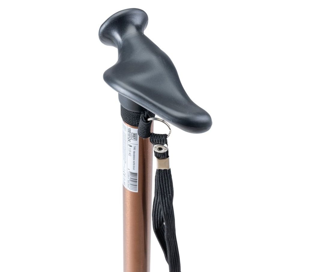 MultiMotion wandelstok met anatomisch handvat - Bruin - Rechts (ingezoomd op handvat) MultiMotion wandelstok met anatomisch handvat - Bruin - Rechts (ingezoomd op handvat)