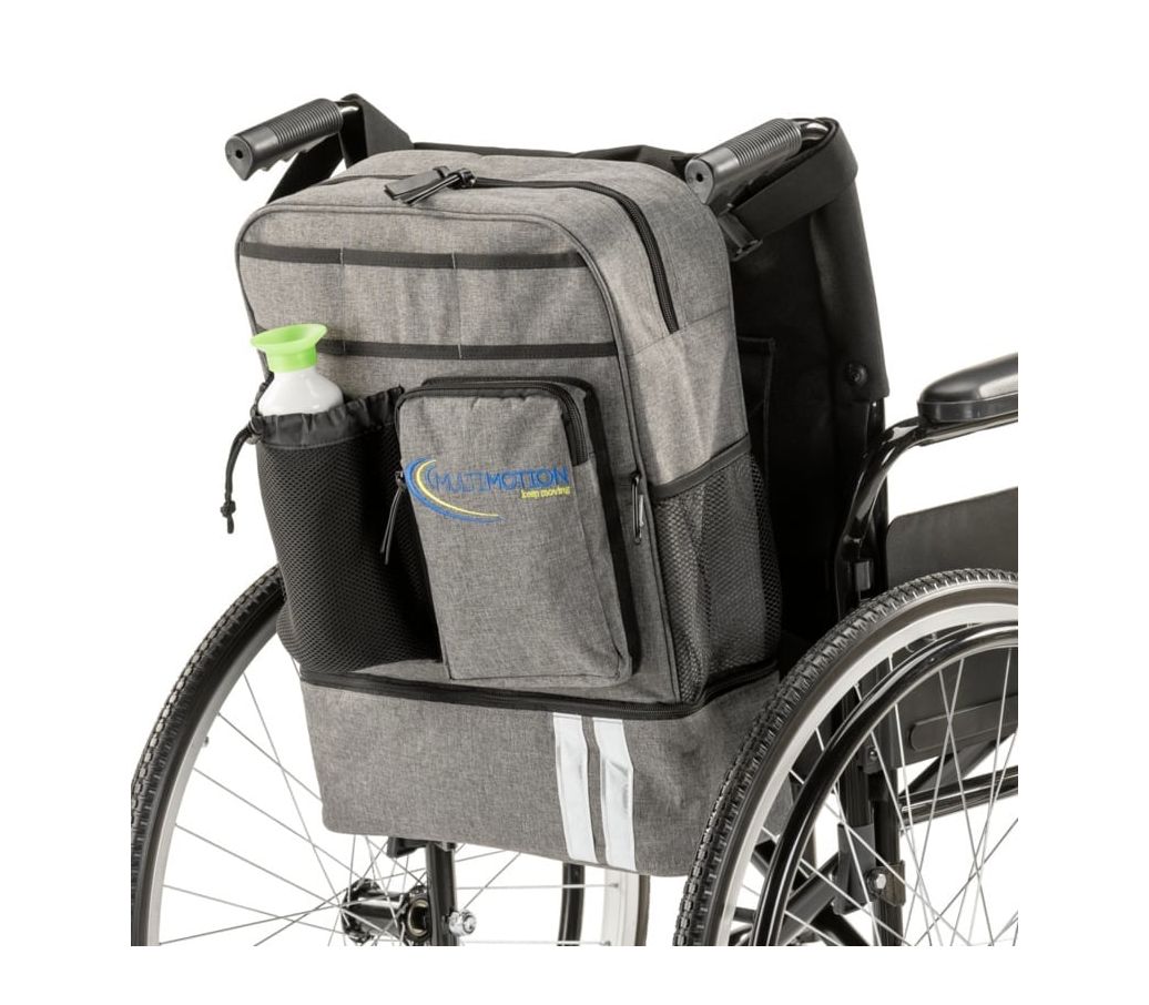MultiMotion luxe rolstoeltas en rugzak - bevestigd aan een rolstoel MultiMotion luxe rolstoeltas en rugzak - bevestigd aan een rolstoel