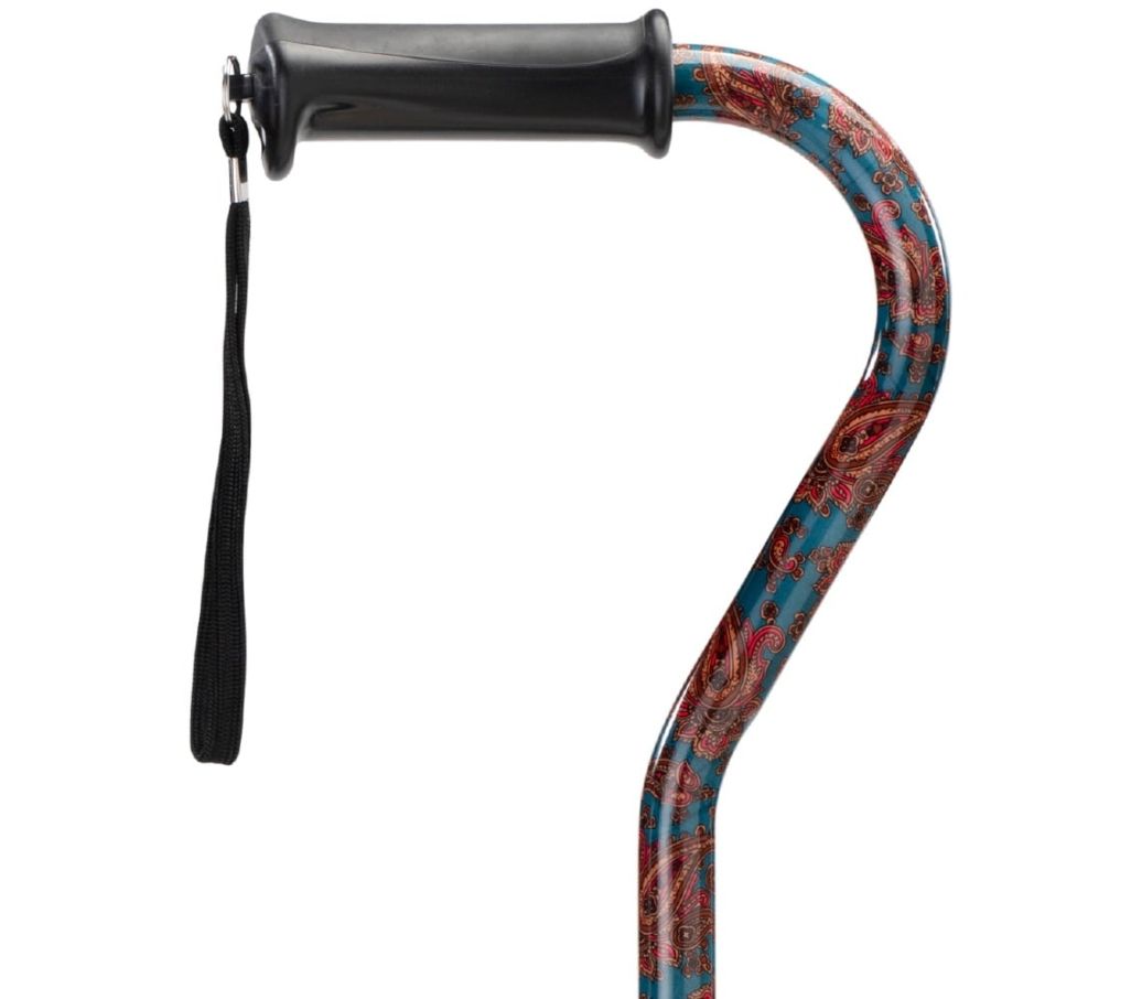 MultiMotion wandelstok met offset handvat - Groen Paisley (ingezoomd op handvat) MultiMotion wandelstok met offset handvat - Groen Paisley (ingezoomd op handvat)