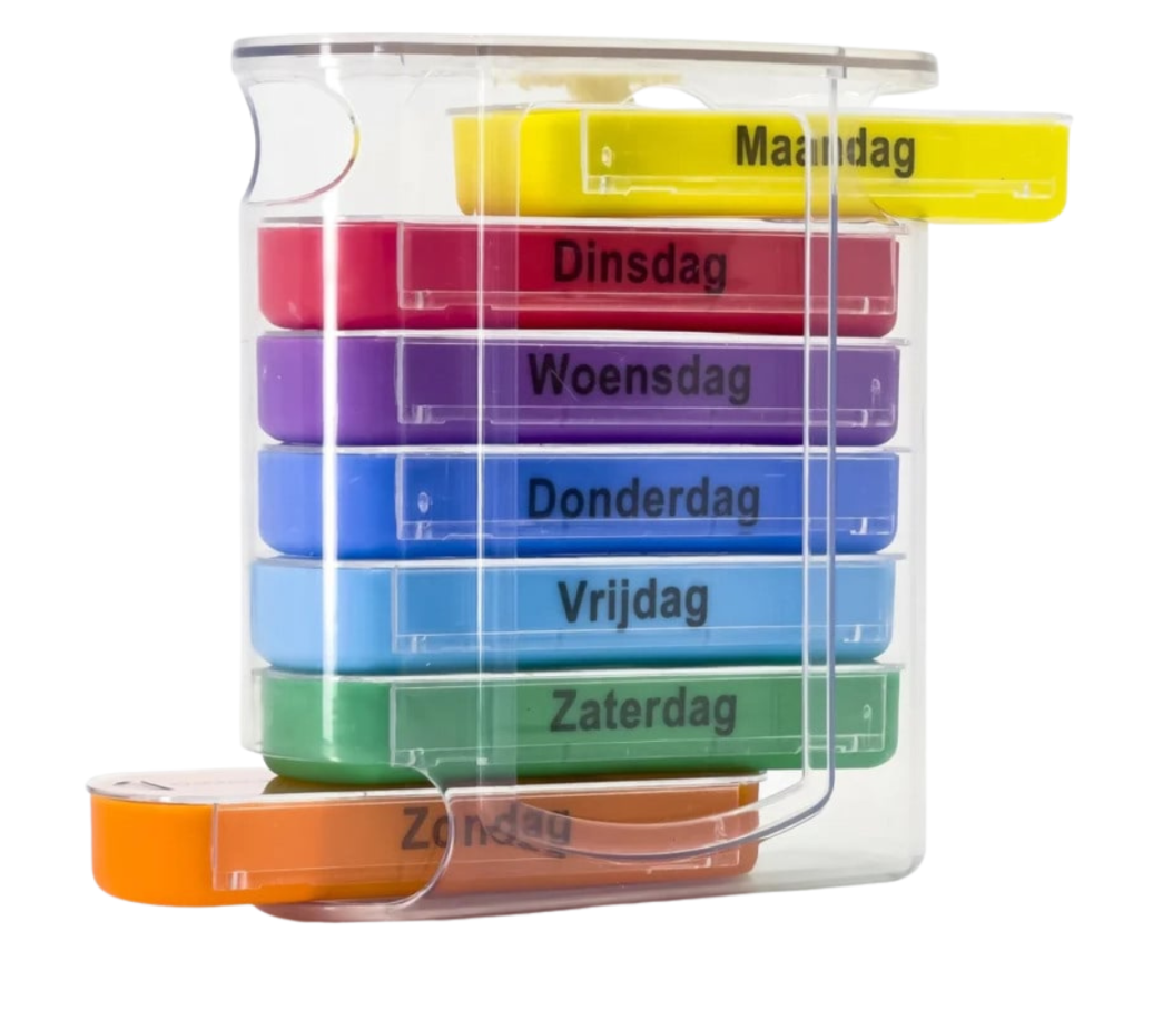 MultiMotion Pillendoosje - Gekleurd (afgebeeld hoe je de bakjes van de dagen uit de houder schuift) MultiMotion Pillendoosje - Gekleurd (afgebeeld hoe je de bakjes van de dagen uit de houder schuift)