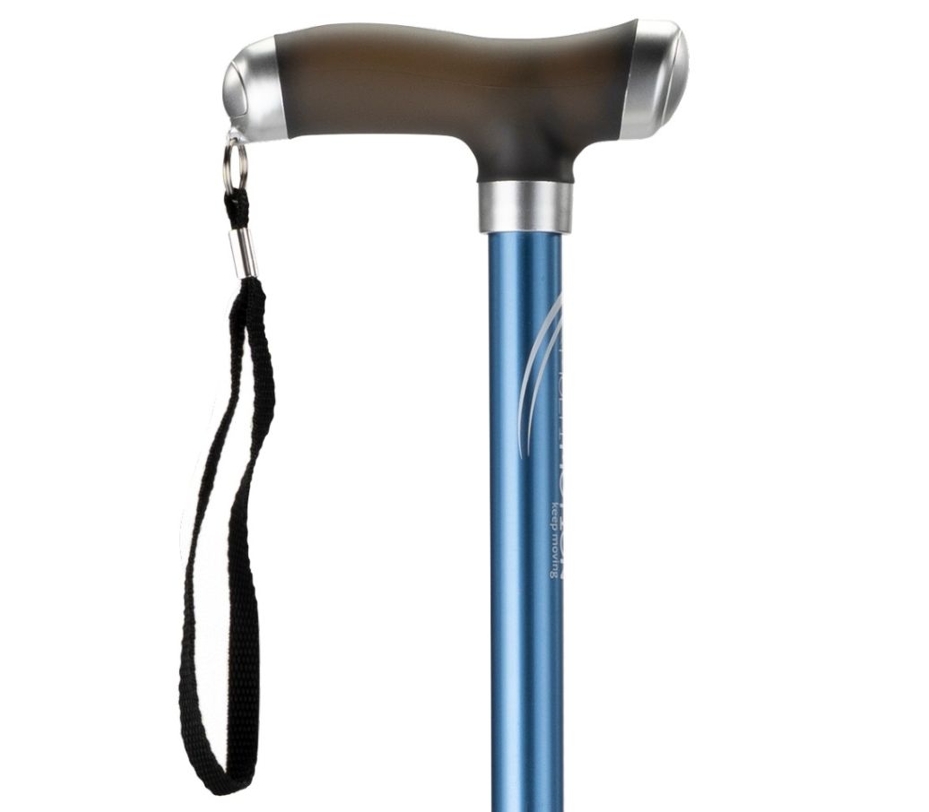 MultiMotion wandelstok met siliconen handvat - Blauw (ingezoomd op de bovenkant van de wandelstok)