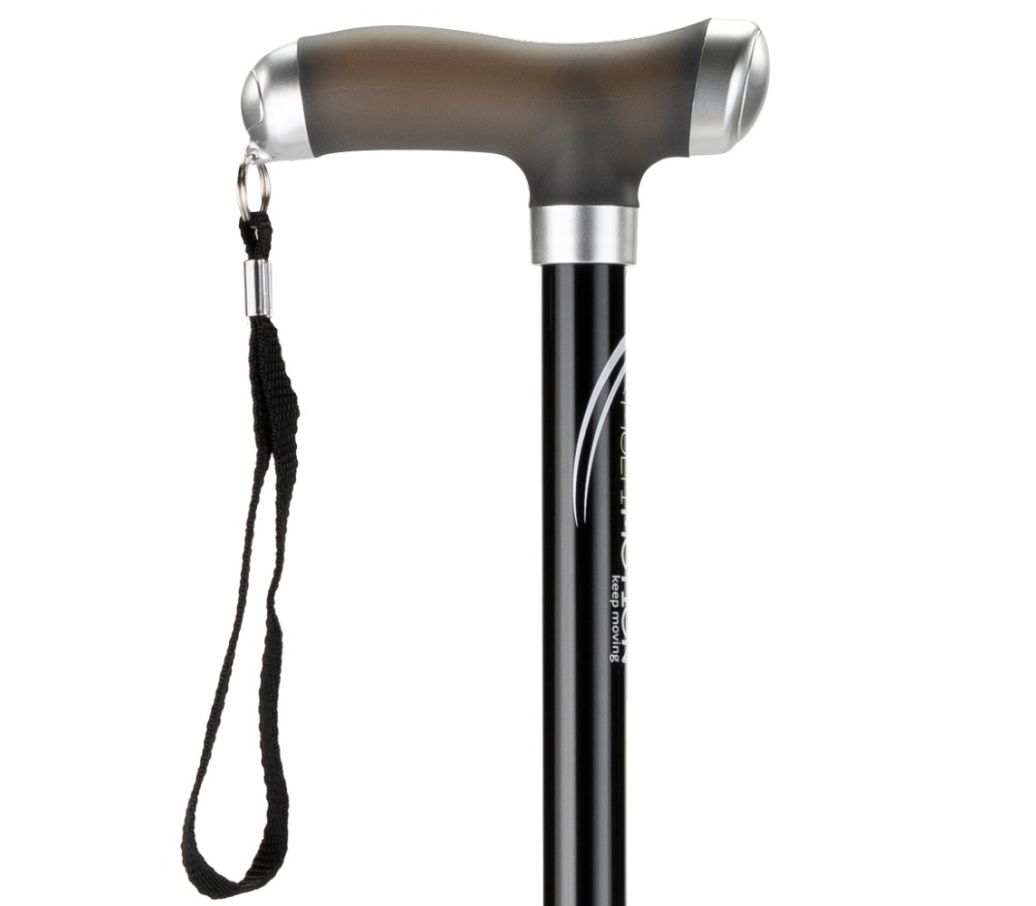 MultiMotion wandelstok met siliconen handvat - Zwart (ingezoomd op de bovenkant van de wandelstok)